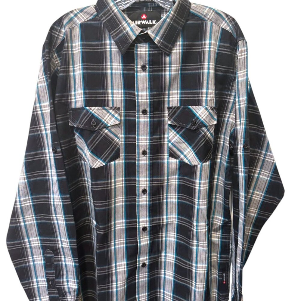 Airwalk Long Sleeve Button XL Shirt Relaxed Plaid 90s‎ Grunge Two-Pocket Skater